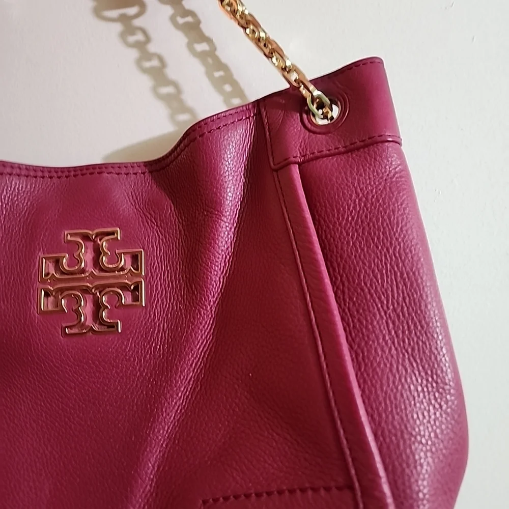Tory Burch Britten Raspberry Color Leather Slouchy Shoulder Handbag - Picture 2 of 11